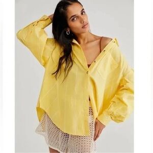 Free People Happy Hour Stripe Button Down Shirt Yellow Coverup NWOT